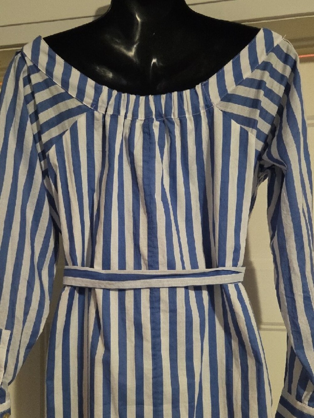 Blue and White Vertical Stripe Long-Sleeve Shirt Dress - Picture 6 of 8